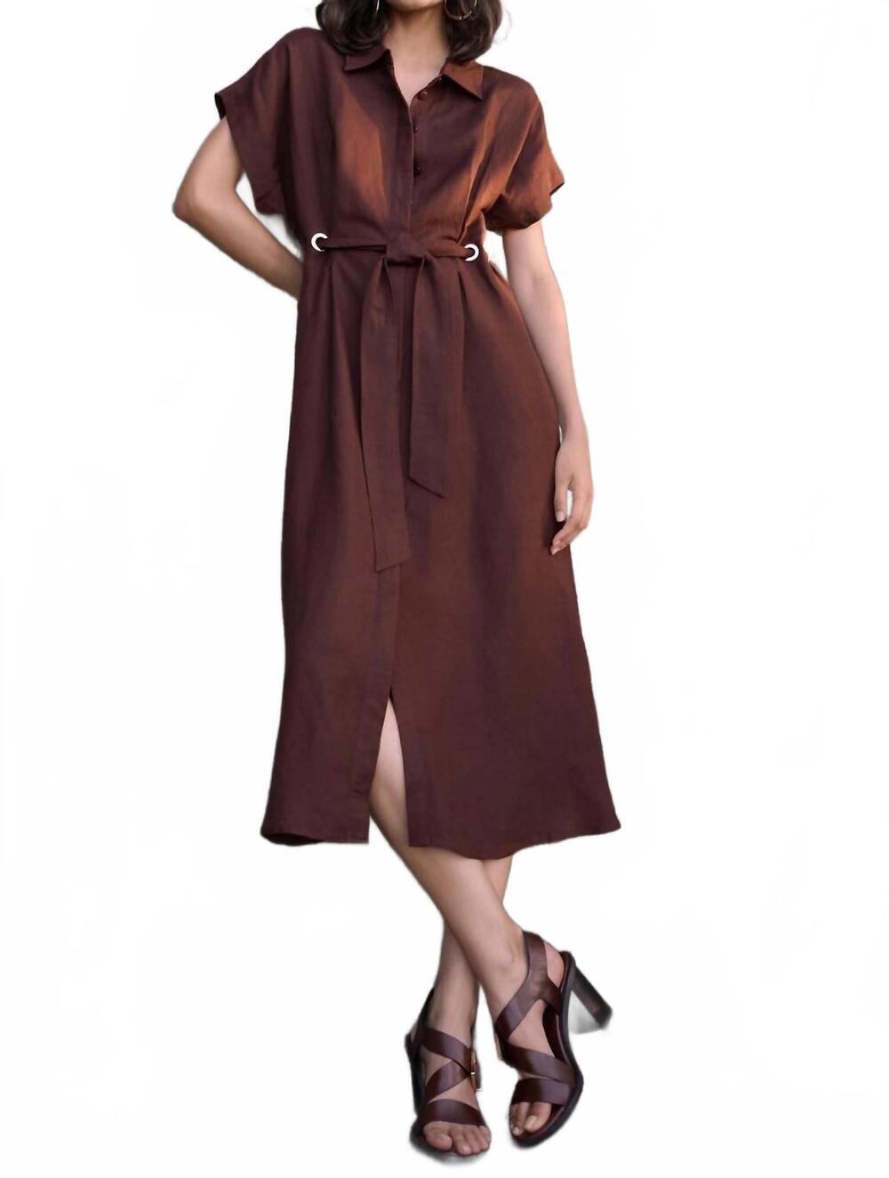 NEW JOSEPH RIBKOFF belted linen midi fit and flare dress in mahogany